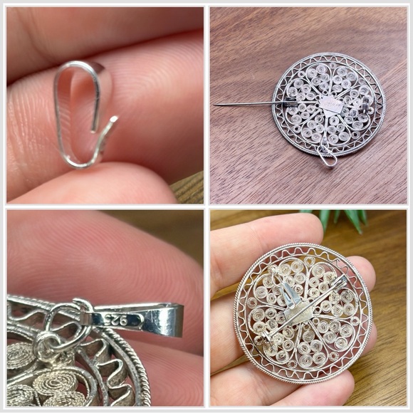 Vintage Israel Brooch Pendant 935 Sterling Silver Turquoise Flower Filigree - Picture 12 of 13